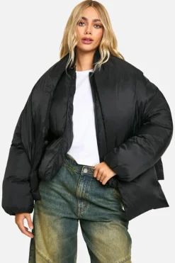 Up To 80% Off Winter Warmers|Puffer Jackets*boohoo 2 In 1 Scarf Puffer Jacket black