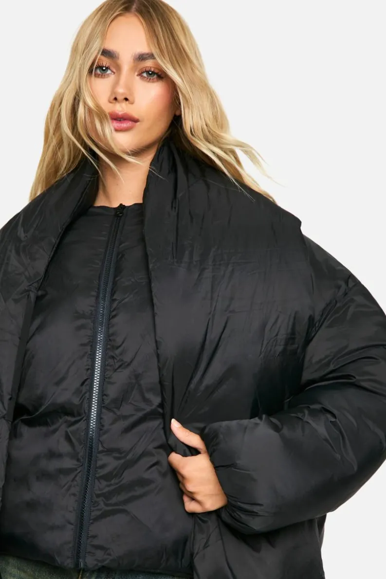 Up To 80% Off Winter Warmers|Puffer Jackets*boohoo 2 In 1 Scarf Puffer Jacket black