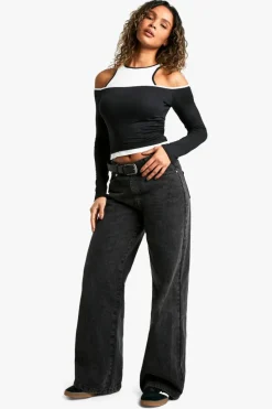 Long Sleeve Tops*boohoo 2 layer contrast binding long sleeve top black