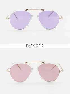 Sunglasses*SVNX 2 Pack Aviator Style Sunglasses with Coloured Lenses Cream