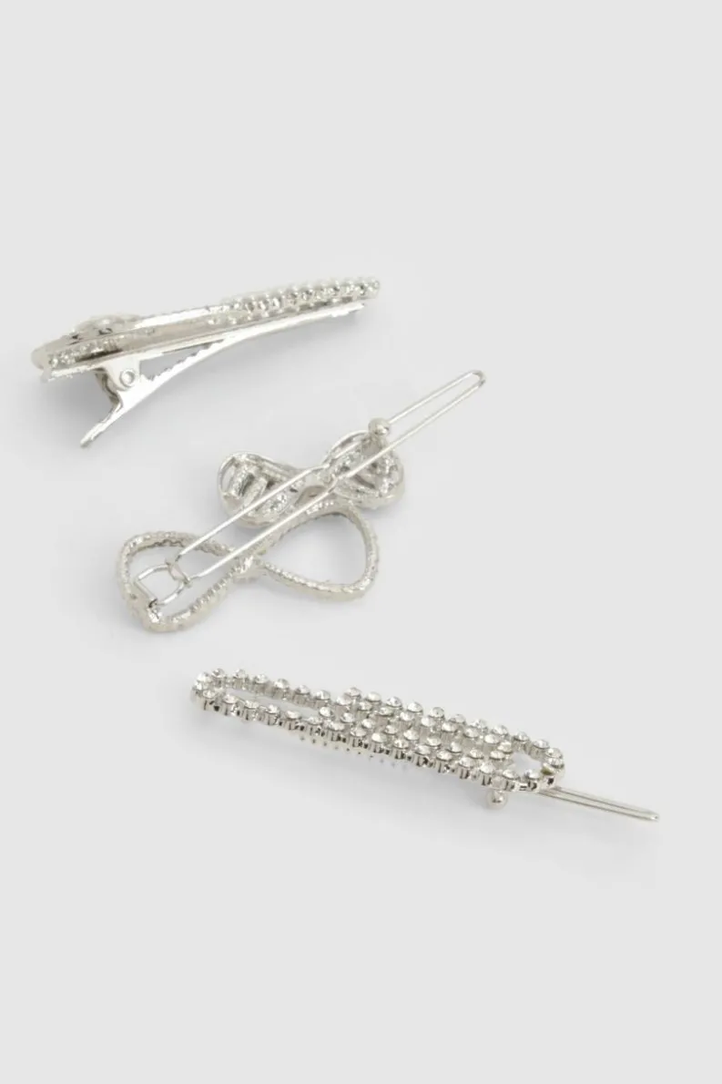 Hair Accessories*boohoo 3 Pack Diamante Hair Clips silver