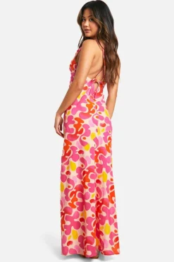 Smock Dresses*boohoo Abstract Cotton Cowl Neck Maxi Dress pink