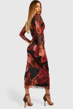 Bodycon Dresses*boohoo Abstract Floral Mesh High Neck Midaxi Dress black