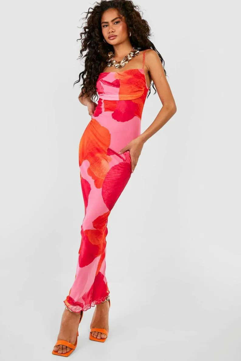Bodycon Dresses|Maxi Dresses*boohoo Abstract Floral Print Mesh Maxi Slip Dress orange