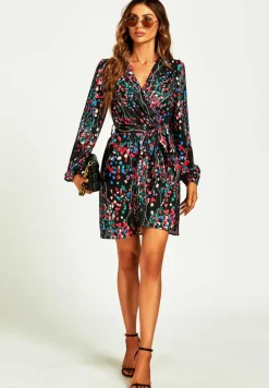 Wrap Dresses*FS Collection Abstract Floral Print Wrap Mini Dress In Black
