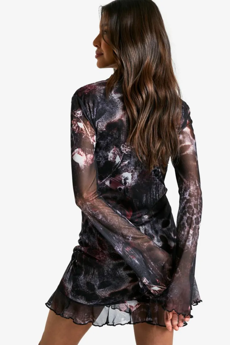 Skater Dresses|Mini Dresses*boohoo Abstract Mesh High Neck Flare Sleeve Mini Dress black