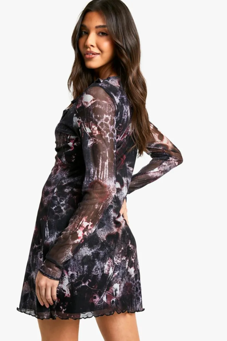 Skater Dresses*boohoo Abstract Mesh Slare Sleeve Mini Dress black