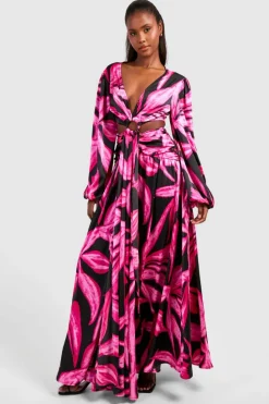 Smock Dresses|Maxi Dresses*boohoo Abstract Print Cut Out Ring Detail Maxi Dress hot pink