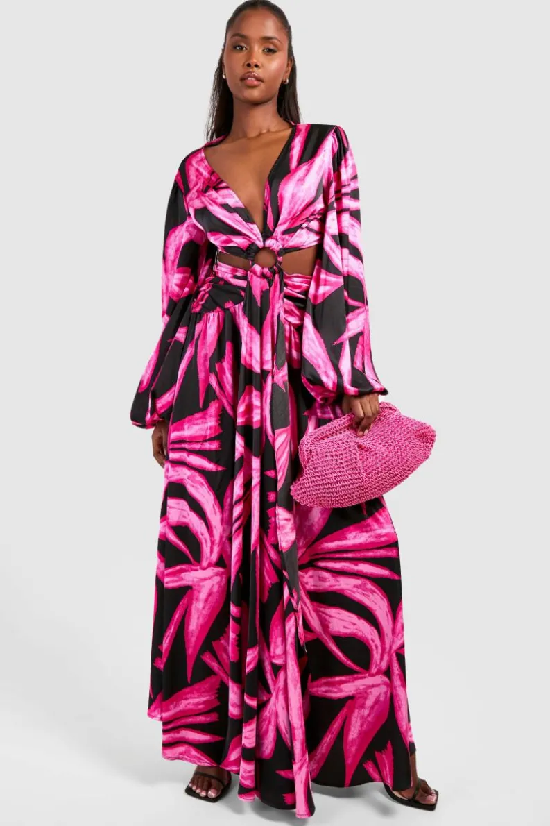 Smock Dresses|Maxi Dresses*boohoo Abstract Print Cut Out Ring Detail Maxi Dress hot pink