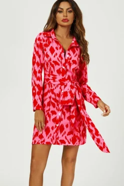 Shirt Dresses|Wrap Dresses*FS Collection Abstract Print Shirt Mini Wrap Dress In Pink