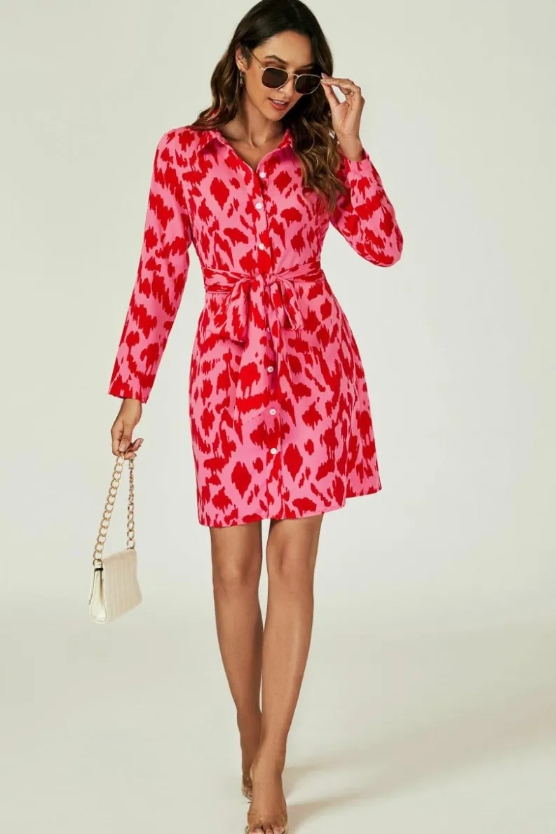 Shirt Dresses|Wrap Dresses*FS Collection Abstract Print Shirt Mini Wrap Dress In Pink