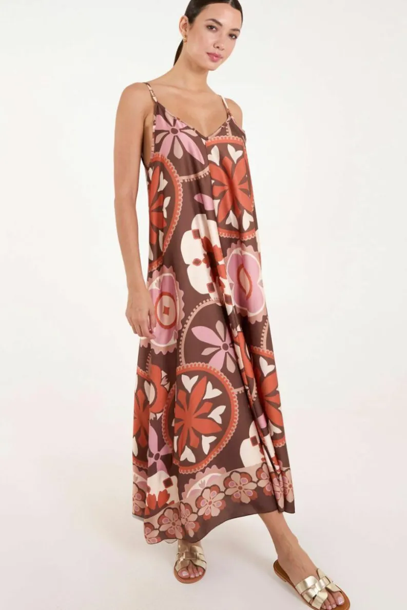 Cami Dresses*Blue Vanilla Abstract Printed Cami V Neck Maxi Dress Chocolate
