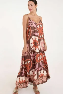 Cami Dresses*Blue Vanilla Abstract Printed Cami V Neck Maxi Dress Chocolate
