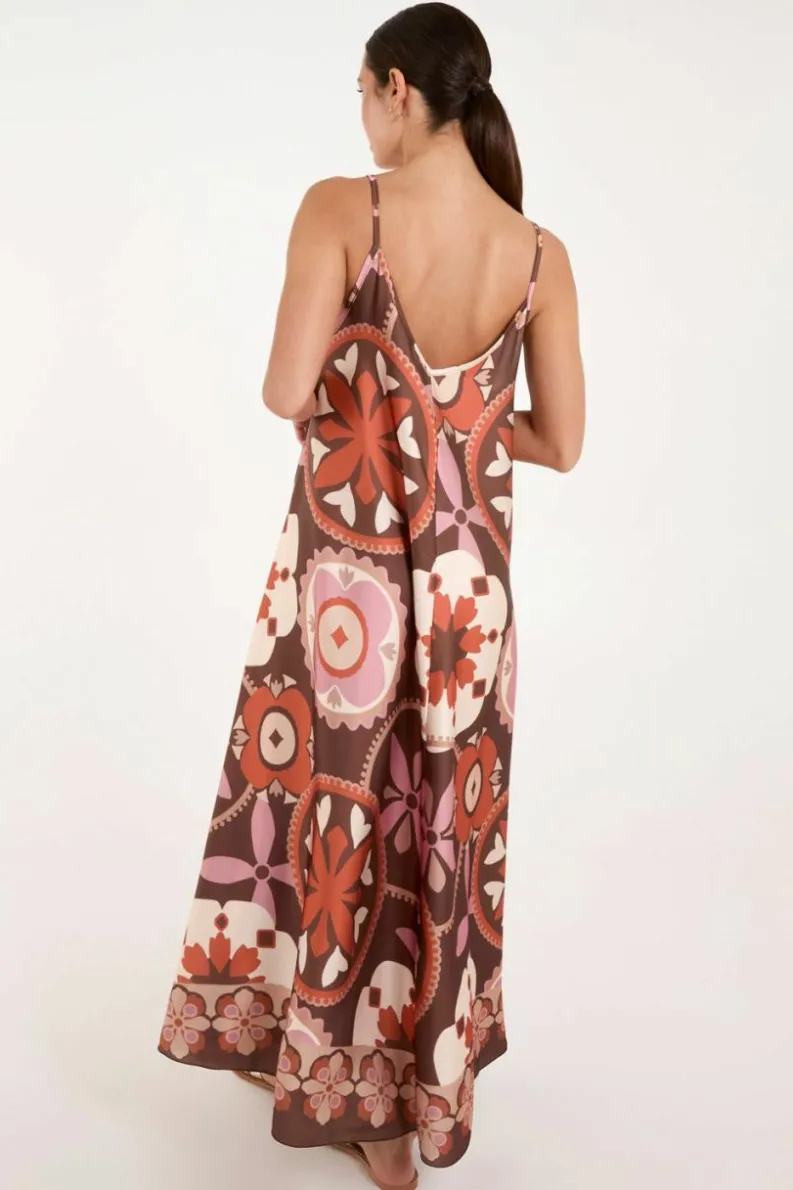 Cami Dresses*Blue Vanilla Abstract Printed Cami V Neck Maxi Dress Chocolate