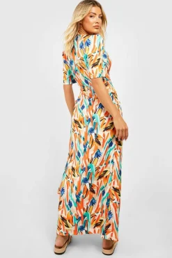 Wrap Dresses*boohoo Abstract Puff Sleeve Wrap Dress orange