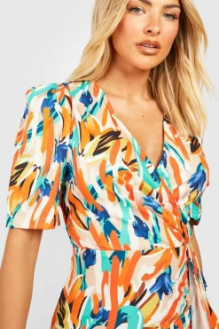 Wrap Dresses*boohoo Abstract Puff Sleeve Wrap Dress orange