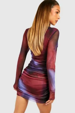 Bodycon Dresses|Long Sleeve Dresses*boohoo Abstract Rouched Long Sleeve Mini Dress purple
