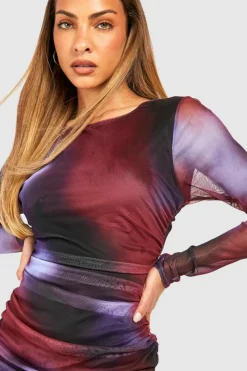 Bodycon Dresses|Long Sleeve Dresses*boohoo Abstract Rouched Long Sleeve Mini Dress purple