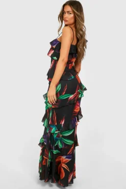 Maxi Dresses*boohoo Abstract Ruffle Chiffon Asymmetric Maxi Dress multi