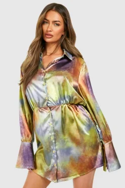 Shirt Dresses*boohoo Abstract Satin Shoulder Pad Mini Shirt Dress multi