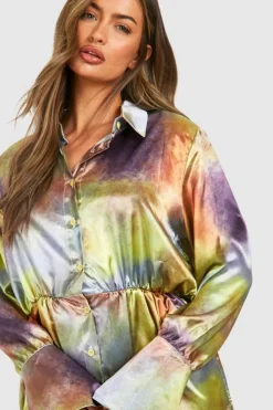 Shirt Dresses*boohoo Abstract Satin Shoulder Pad Mini Shirt Dress multi