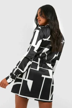 Shirt Dresses|Wrap Dresses*boohoo Abstract Satin Wrap Shirt Dress black