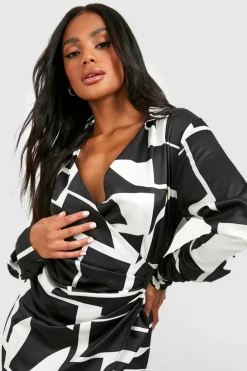 Shirt Dresses|Wrap Dresses*boohoo Abstract Satin Wrap Shirt Dress black