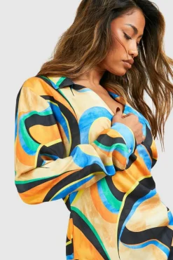 Shirt Dresses|Wrap Dresses*boohoo Abstract Satin Wrap Shirt Dress multi