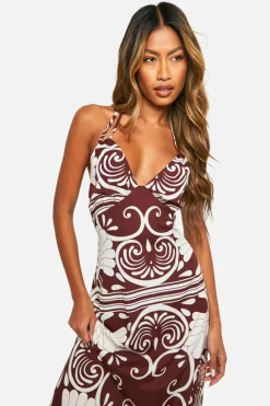 Cami Dresses*boohoo Abstract Split Double Strap Maxi Dress dark brown