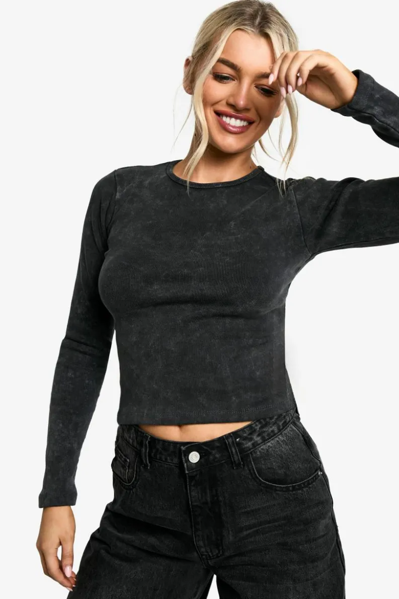 Long Sleeve Tops*boohoo Acid Wash Back Cut Out Long Sleeve Top charcoal