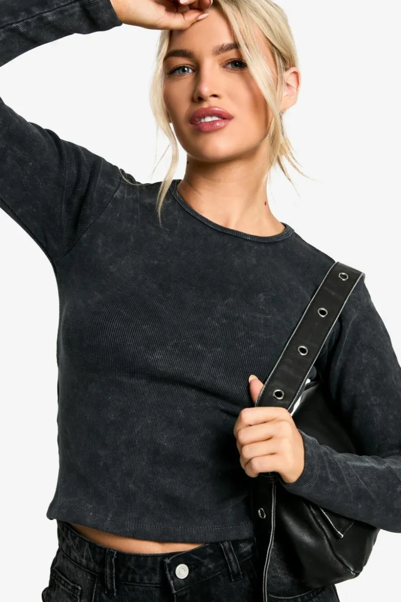 Long Sleeve Tops*boohoo Acid Wash Back Cut Out Long Sleeve Top charcoal