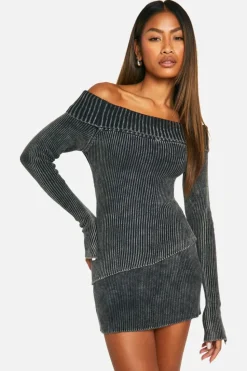 Jumpers|Knitwear*boohoo Acid Wash Bardot Asymmetric Hemline Rib Knit Jumper charcoal