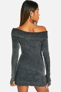 Jumpers|Knitwear*boohoo Acid Wash Bardot Asymmetric Hemline Rib Knit Jumper charcoal