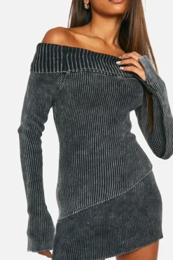 Jumpers|Knitwear*boohoo Acid Wash Bardot Asymmetric Hemline Rib Knit Jumper charcoal
