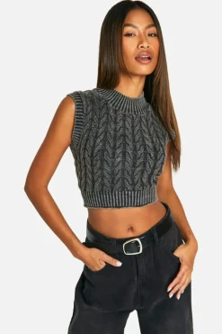 Jumpers|Jumpers & Cardigans*boohoo Acid Wash Cable Knit Tank charcoal