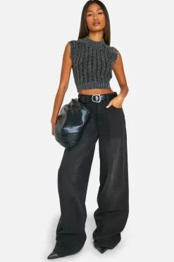 Jumpers|Jumpers & Cardigans*boohoo Acid Wash Cable Knit Tank charcoal