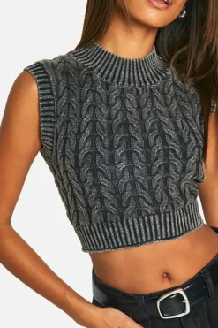 Jumpers|Jumpers & Cardigans*boohoo Acid Wash Cable Knit Tank charcoal