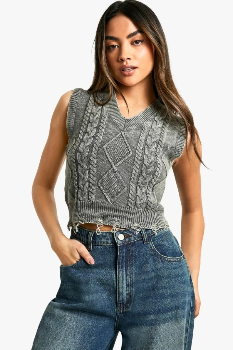 Jumpers|Jumpers & Cardigans*boohoo Acid Wash Cable Knit V Neck Tank charcoal