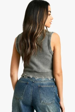 Jumpers|Jumpers & Cardigans*boohoo Acid Wash Cable Knit V Neck Tank charcoal