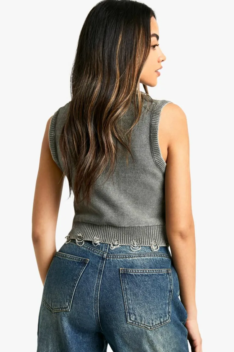 Jumpers|Jumpers & Cardigans*boohoo Acid Wash Cable Knit V Neck Tank charcoal