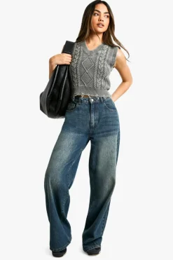 Jumpers|Jumpers & Cardigans*boohoo Acid Wash Cable Knit V Neck Tank charcoal