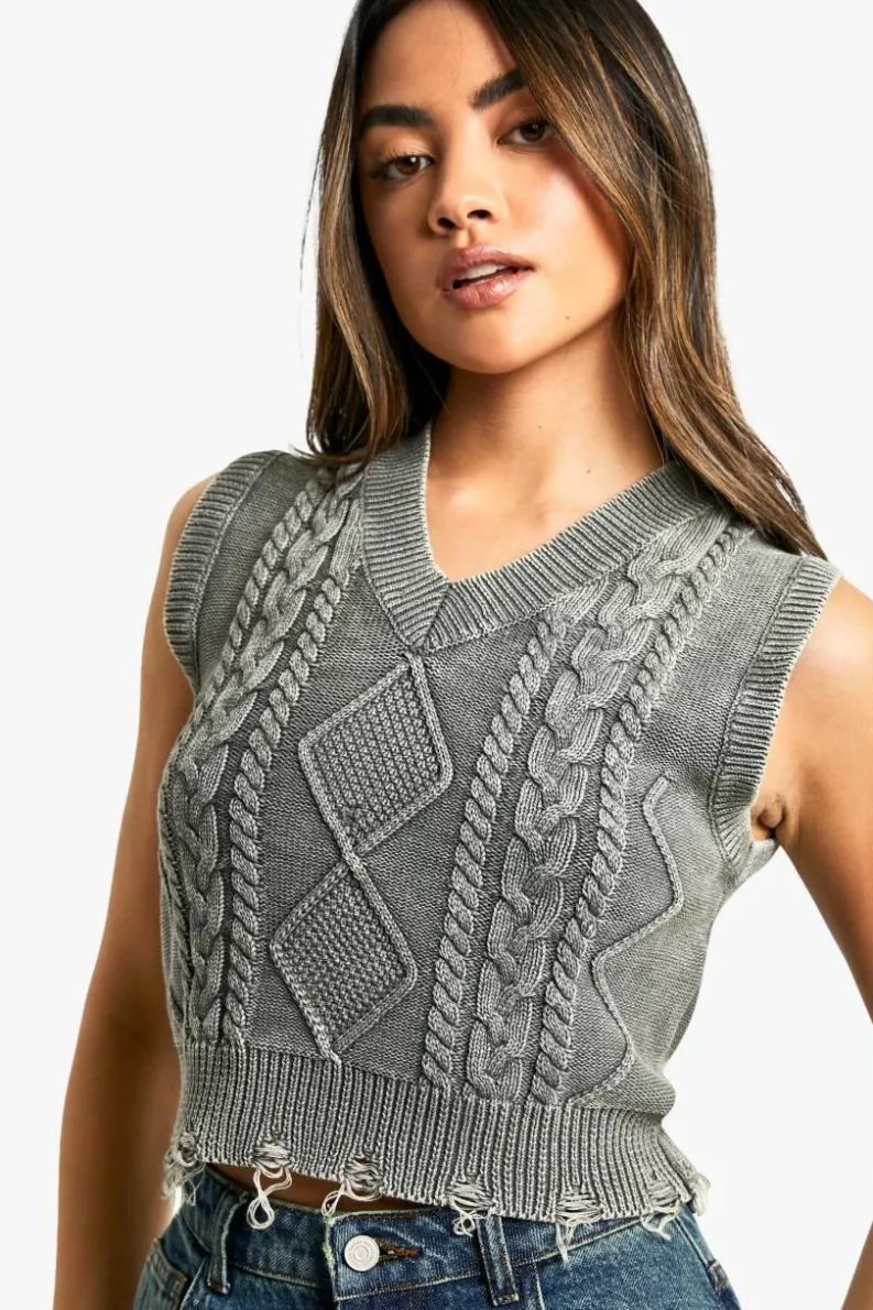Jumpers|Jumpers & Cardigans*boohoo Acid Wash Cable Knit V Neck Tank charcoal