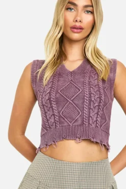 Jumpers|Jumpers & Cardigans*boohoo Acid Wash Cable Knit V Neck Tank mauve