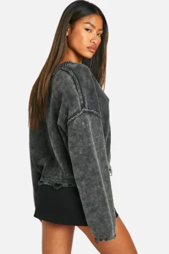 Cardigans*boohoo Acid Wash Distressed Hem Slouchy Crop Cardigan charcoal