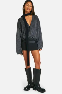 Cardigans*boohoo Acid Wash Distressed Hem Slouchy Crop Cardigan charcoal
