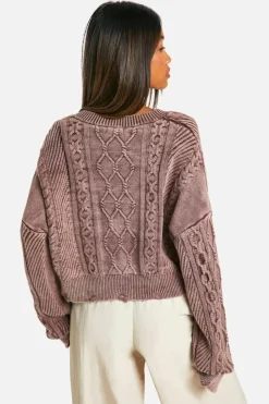 Jumpers*boohoo Acid Wash Distressed Hem Slouchy Cable Jumper mauve
