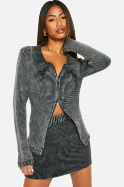 Cardigans|Knitwear*boohoo Acid Wash Double Zip Polo Collar Rib Cardigan charcoal