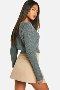 Cardigans*boohoo Acid Wash Lace Up Crop Cardigan charcoal