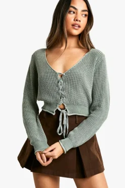 Cardigans|Jumpers & Cardigans*boohoo Acid Wash Lace Up Crop Cardigan khaki
