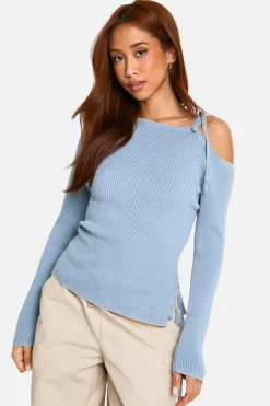 Knitted Tops*boohoo Acid Wash Rib Knit Asymmetric Lace Up One Shoulder Top baby blue